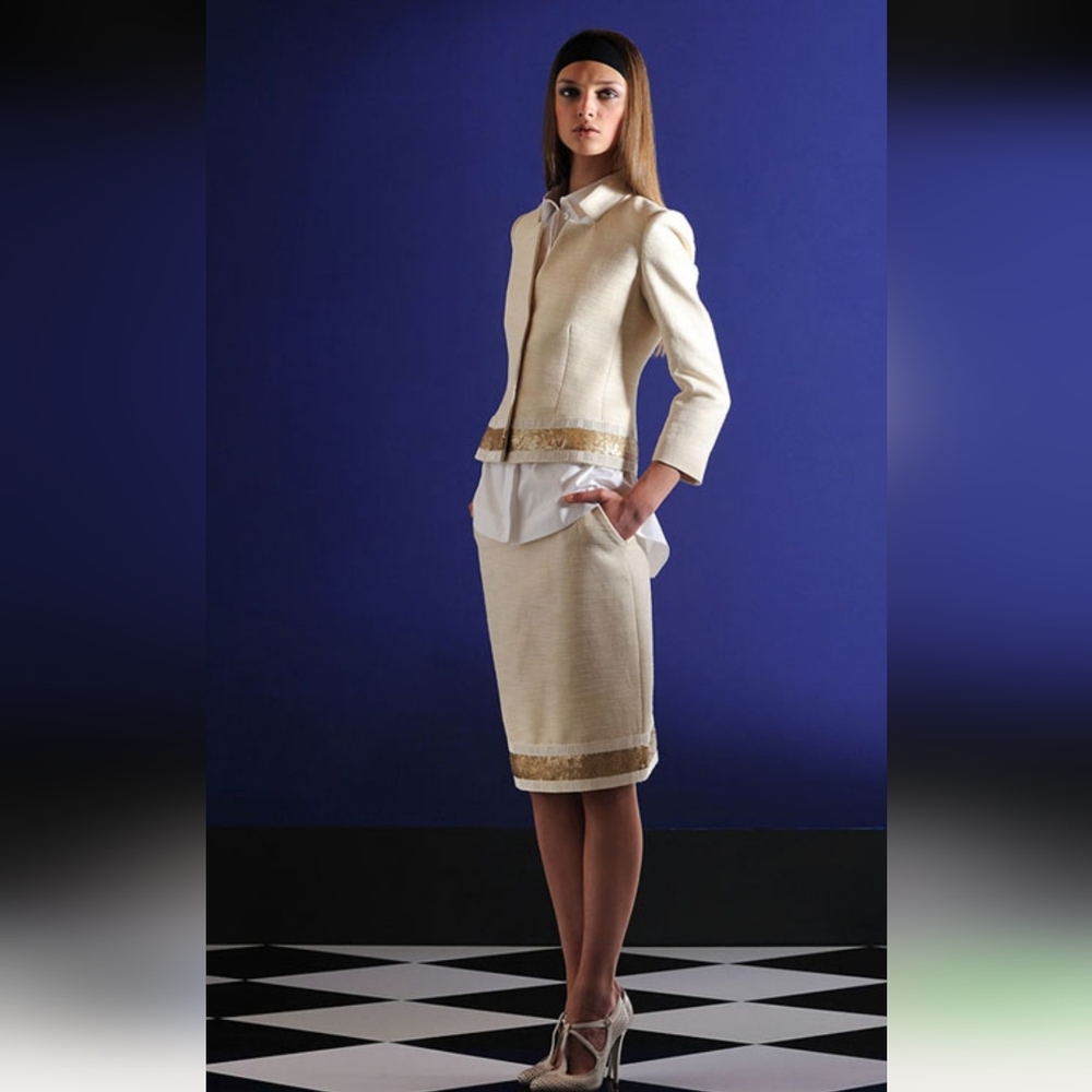 Alberta Ferretti Cream Skirt Suite with rose gold sequin accent